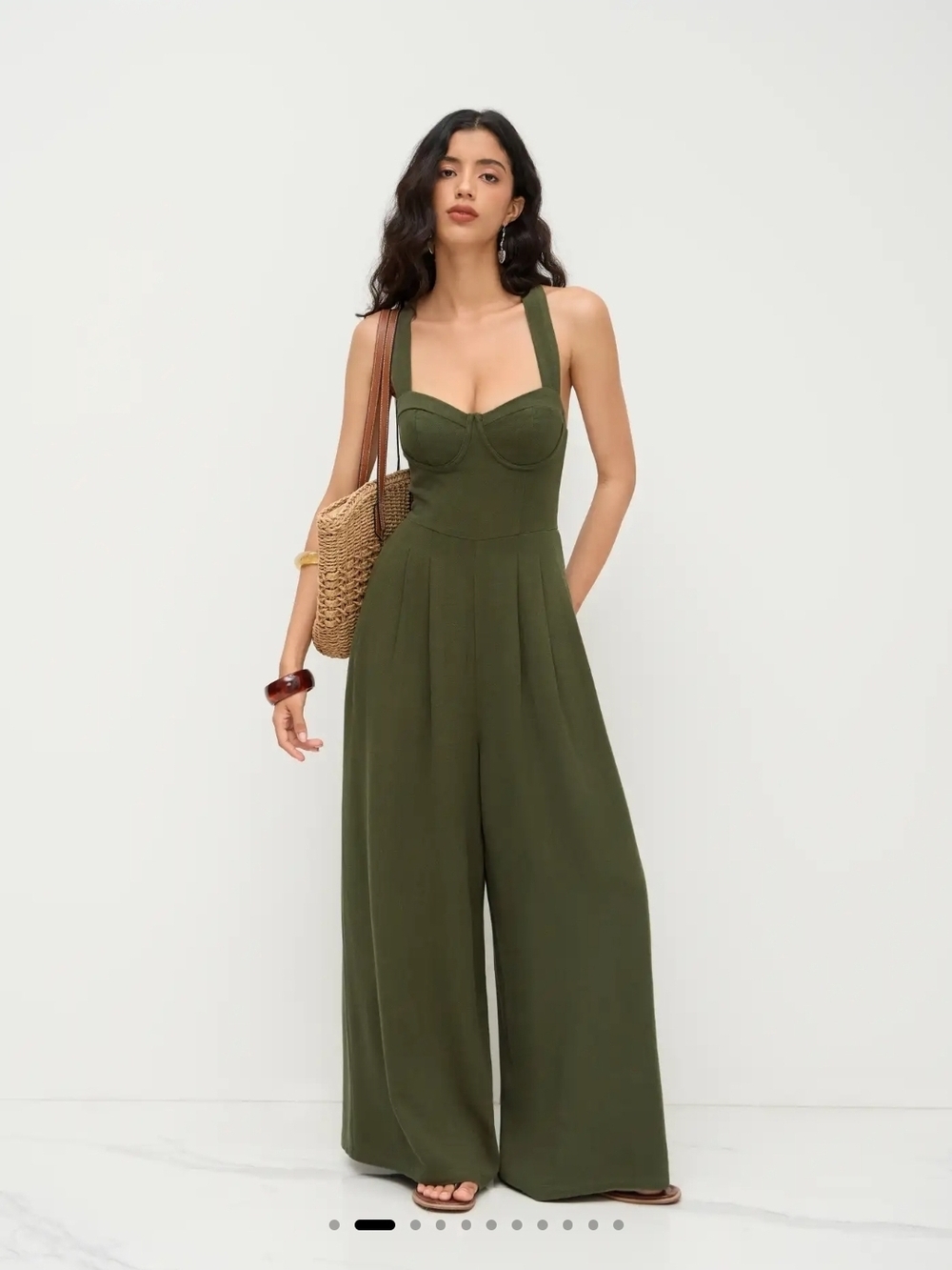Cider Olive Green Wide-Leg Bustier Jumpsuit